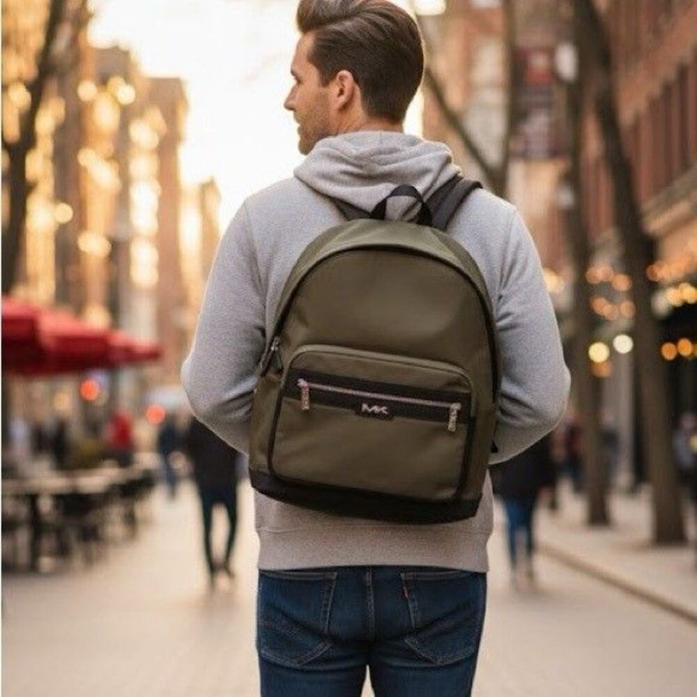 MICHAEL KORS Mens Backpack Olive Green Nylon MALONE Travel Workwear School $198